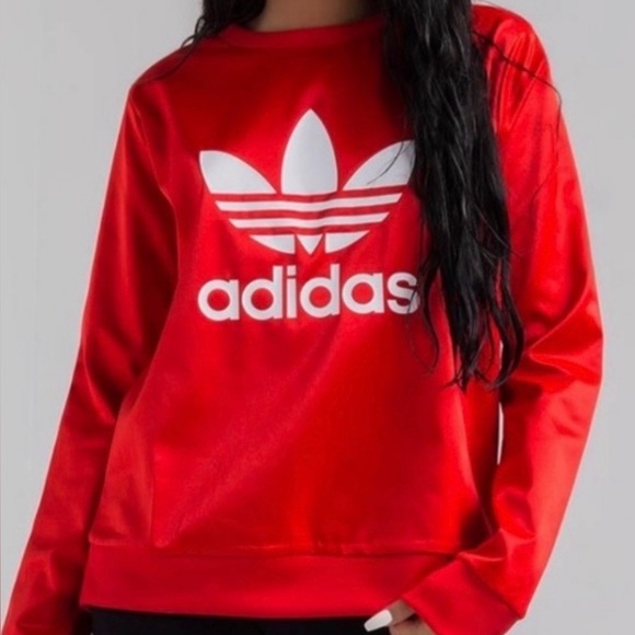 adidas Tops - adidas Original Red Satin Trefoil Crew Neck Long Sleeve Sweat Shirt Size: Small